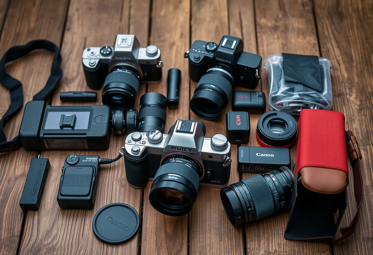 Camera gear laid out on wooden table